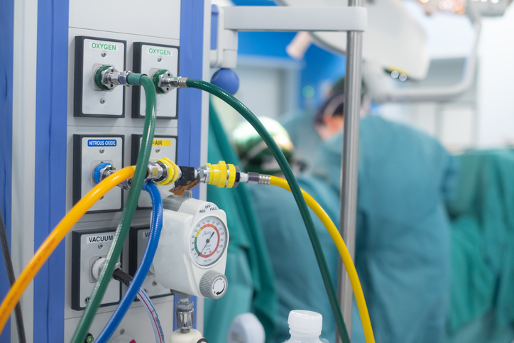 Pipe line oxygen and vacuum adaptor on the wall for helping patient in operating room. Pipe line oxygen and vacuum adaptor on the wall for helping patient in operating room.